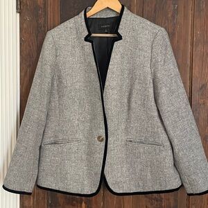Talbots Blazer Herringbone Grey Wool Blend Velvet Navy Trim Single Button 18